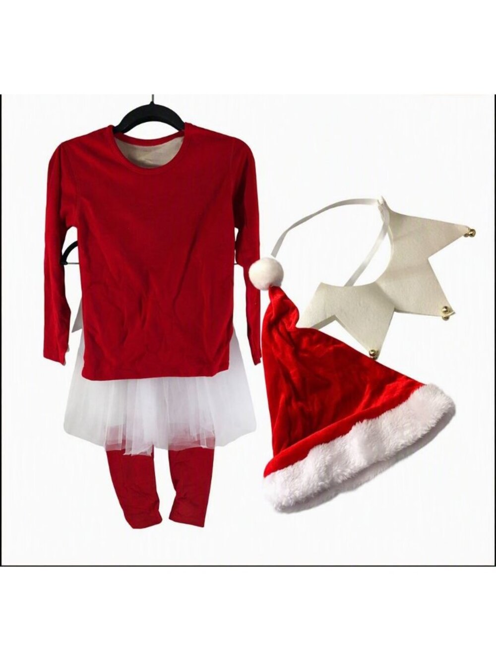 Girls Christmas Costume Set Red Top White Tutu Skirt Leggings Santa Hat Collar L